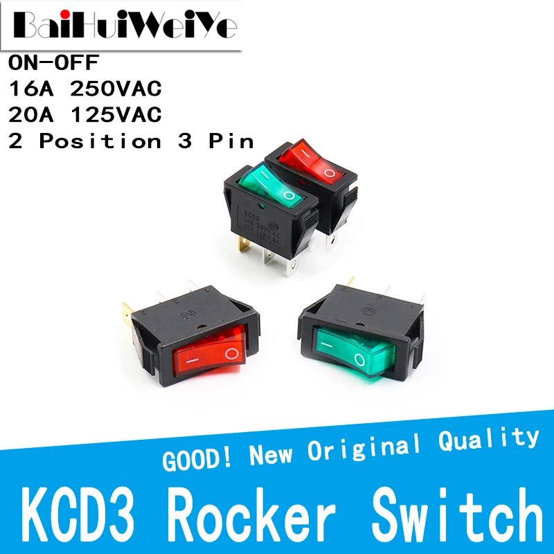 5PCS KCD3 Rocker Switch ON-OFF 2 Position 3 Pin Electrical Equipment With Light Power Switch 16A 250VAC/ 20A 125VAC 35*31*14mm