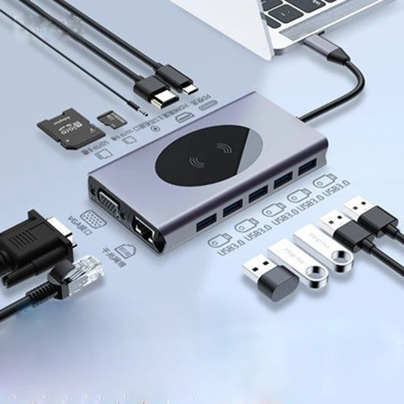 Тип c док станция 13в1 Беспроводное зарядное устройство usb C концентратор с 4K HDMI 1000M