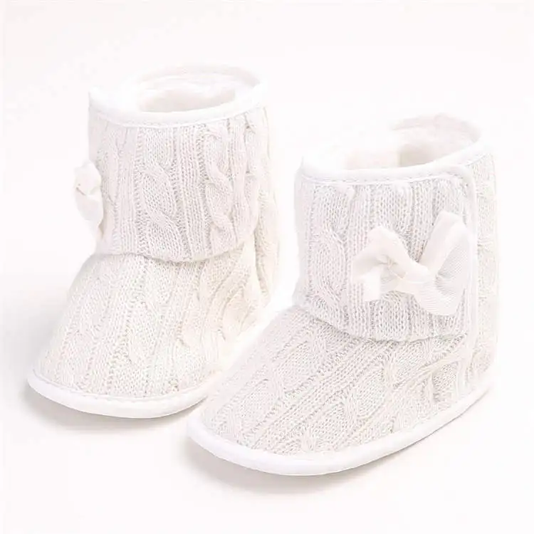 Зимние теплые плюшевые Разноцветные От 0 до 2 лет с милым бантом для мальчиков и девочек; домашние детские ботинки; ботинки с хлопковой подошвой; нескользящая обувь для малышей - Цвет: Белый