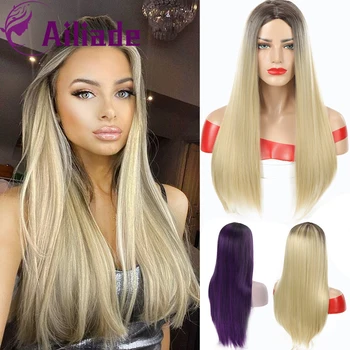 

AILIADE White /Black Women Middle Part Nature Golden Blonde Fake Hair Long Straight Purple Synthetic Wigs
