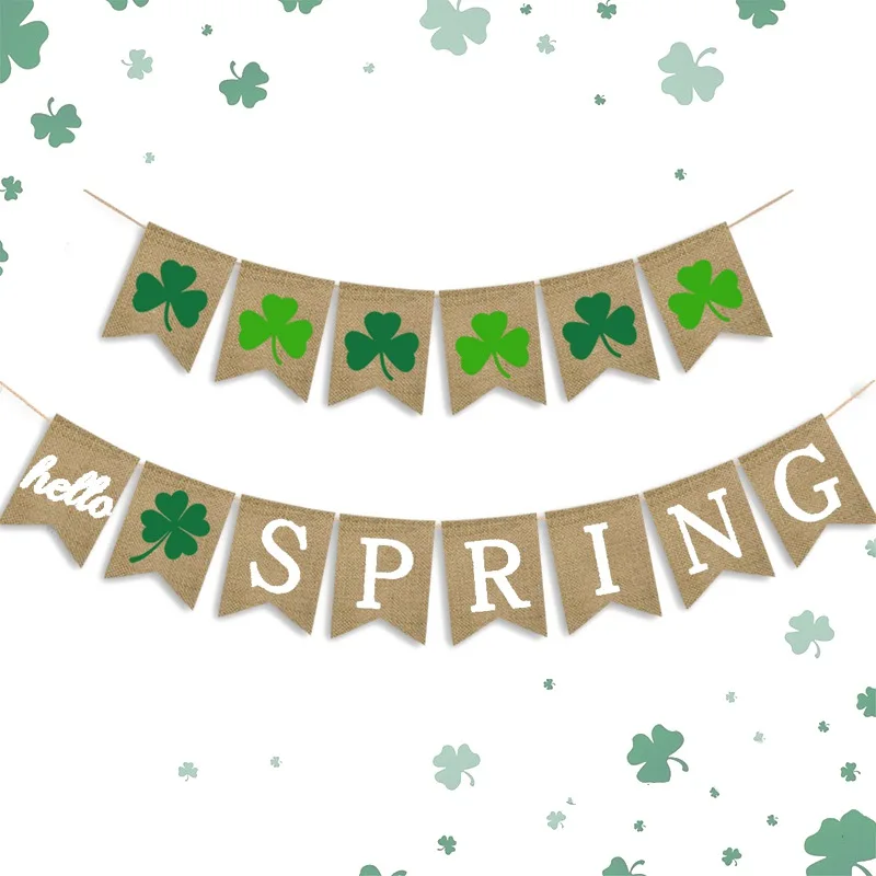 

V HELLO SPRING Jute Burlap Banner St Patrick's Day Irish Festival Decorative Hanging Ornaments 2019