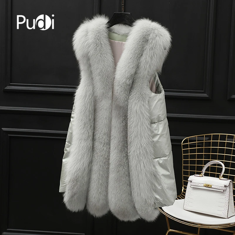 

Pudi VT915 women classic vest natural fox fur coat lady Down lining winter warm genuine natural fur luxury long coat