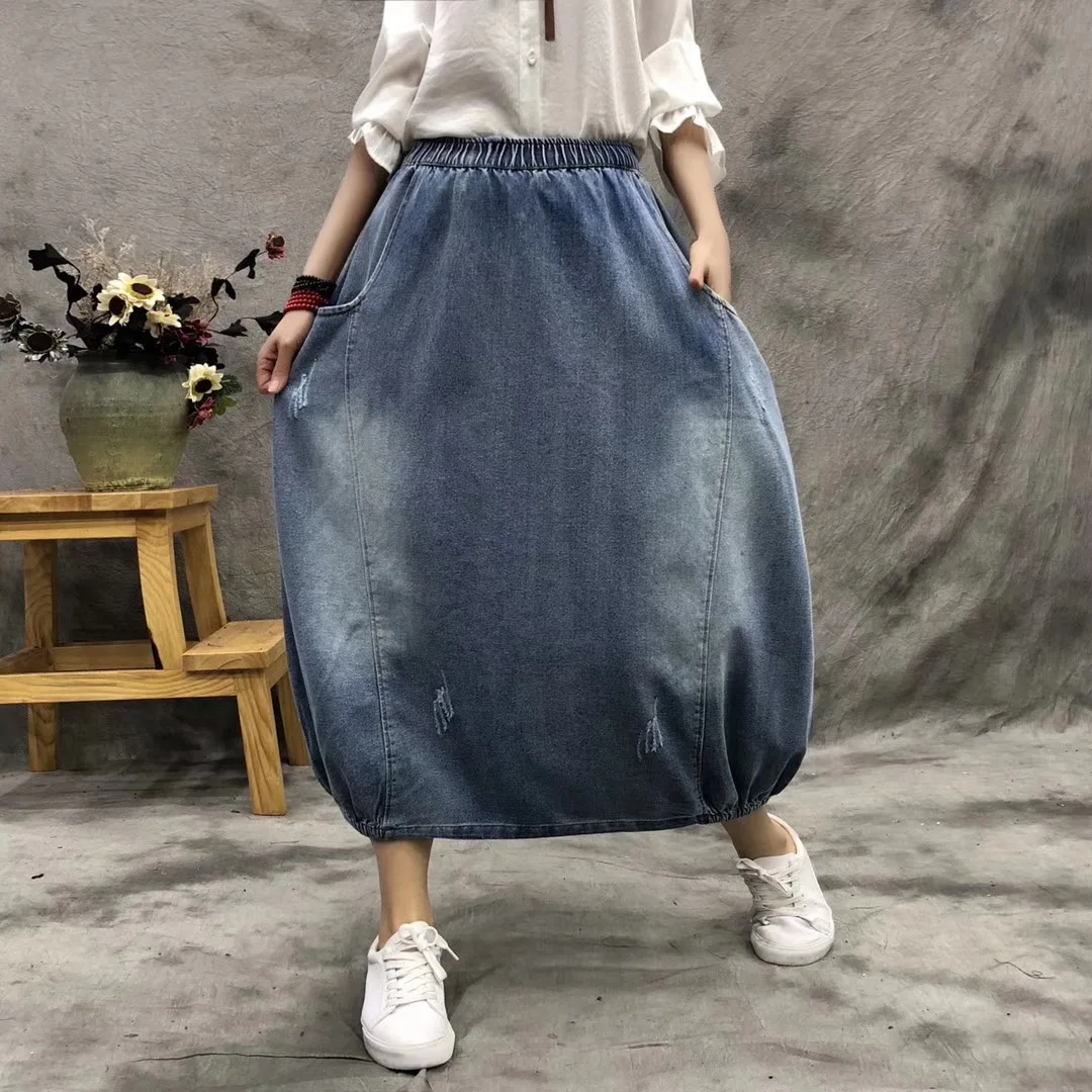 

Origional Retro Washing Solid Color Elastic Waist Washing Denim Skirt Women's Hem Local Tightening Faded Large Size