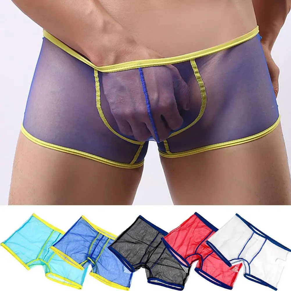 

Transparent Ultra-thin Mesh Men's Boxer Briefs Solid Color Breathable Male Underwear Summer Beach Sexy Low Waist Tulle Panties