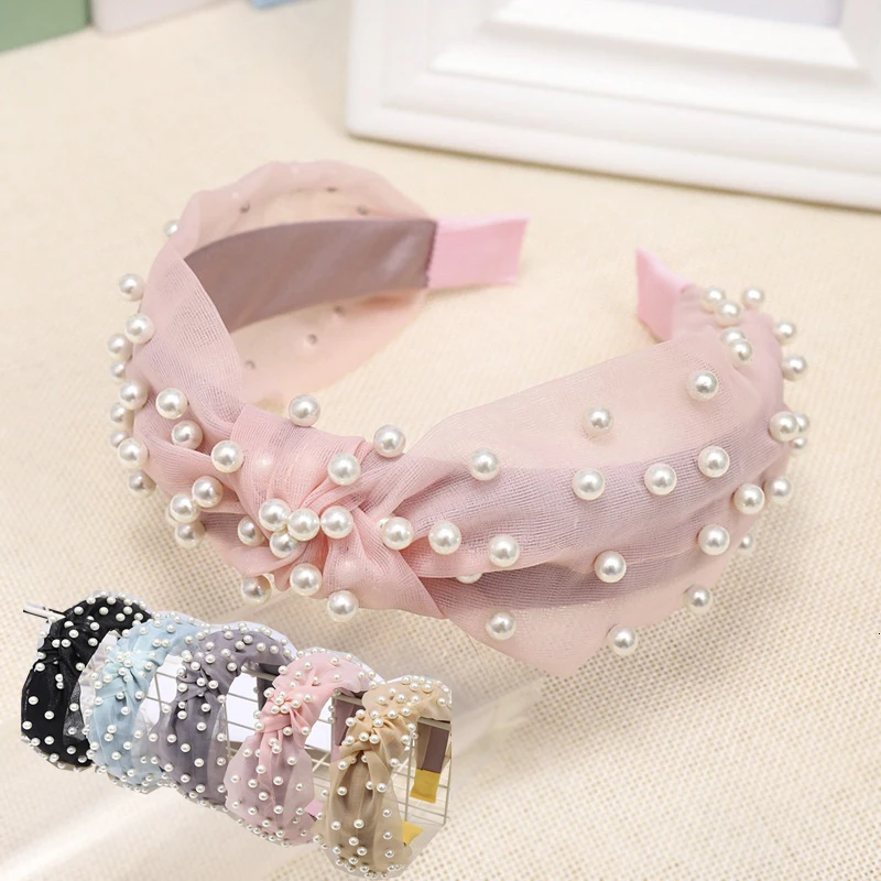 

2019 New Sweet Women Vintage Bohemian Pearl Bow Knot Headbands Girls Solid Color Lace Pearl Headband Headwear Haar Accessoires