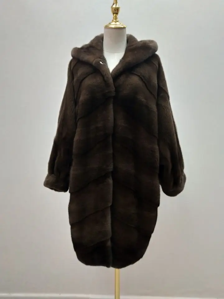 Новинка зимы, женское импортное натуральное Норковое Пальто, Норковое Пальто, женское Свободное пальто с манжетами летучей мыши, меховая верхняя одежда с капюшоном - Цвет: Brown