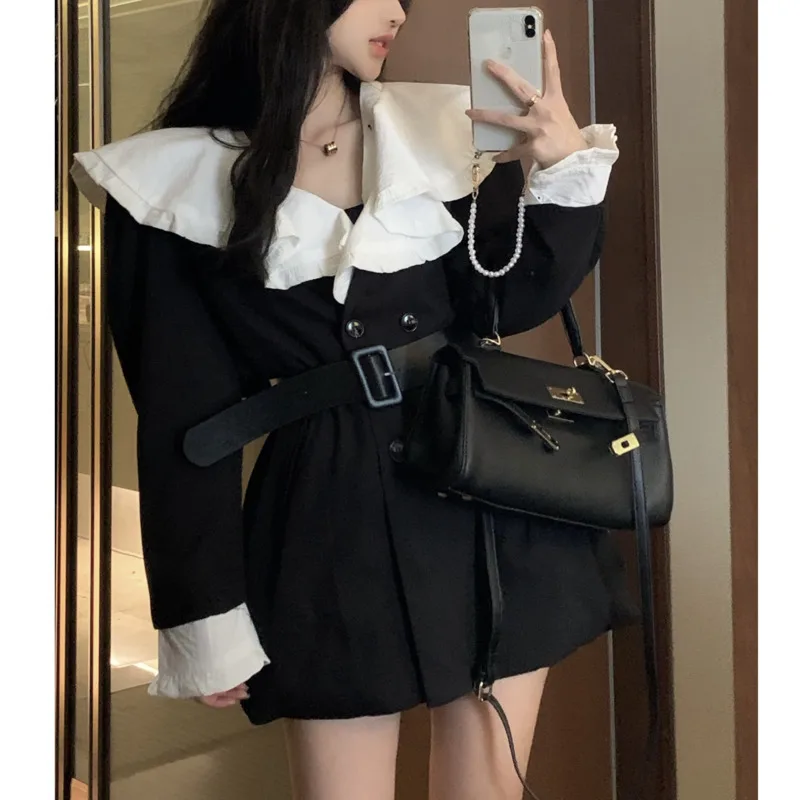 Black Suit Skirt Women's Design Lotus Leaf Collar Waist A-line Autumn Long Sleeve Dress |
