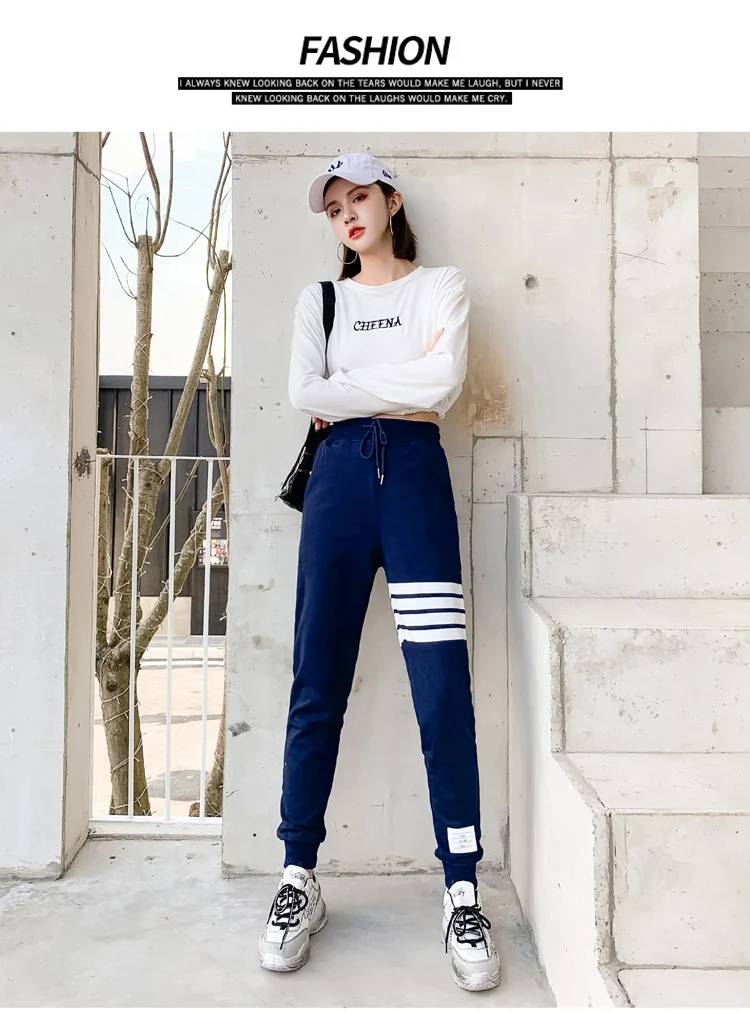 BIVIGAOS Four Bars Cotton Gray Sport Pants Women New Korean Casual Sweatpants Slim Joggers Pants Spring Autumn Sweat Pants