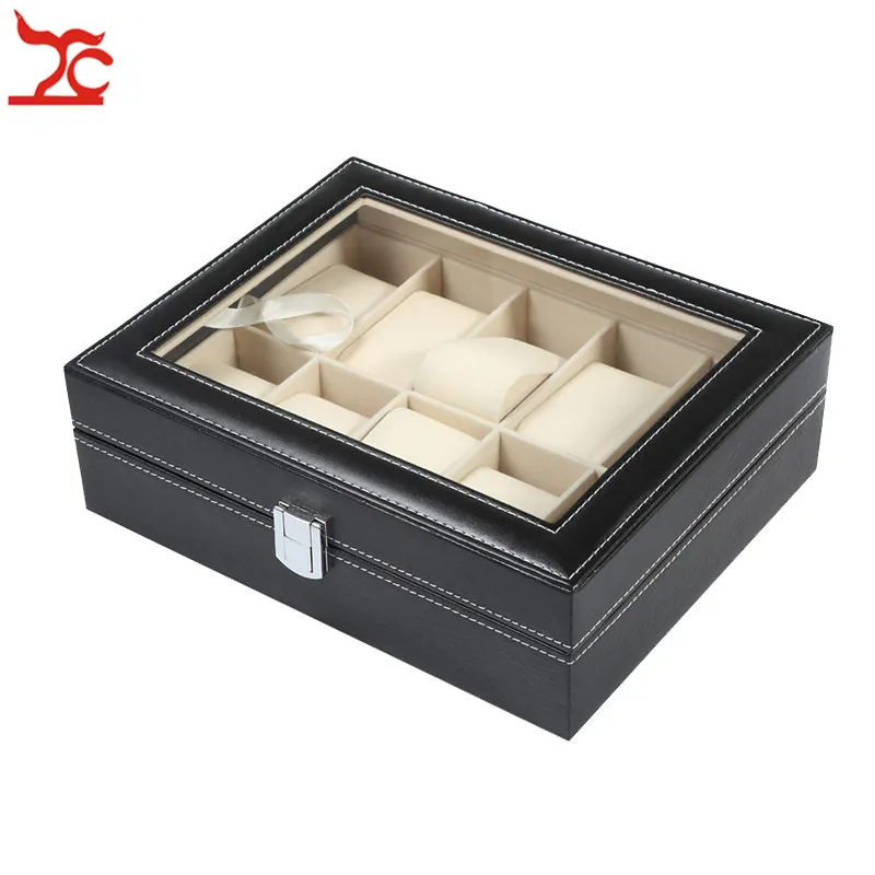10 Slots Grid Black PU Leather Watch Case Jewelry Wristwatch Bracelet Storage Organizer Box Locked Caixa Para Relogio | Всё для