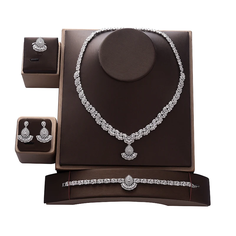 Jewelry Set HADIYANA Fan Shape Women Wedding Accessories Party Necklace Earrings Ring And Bracelet Zricon CNY0090 Bisuteria | Украшения и
