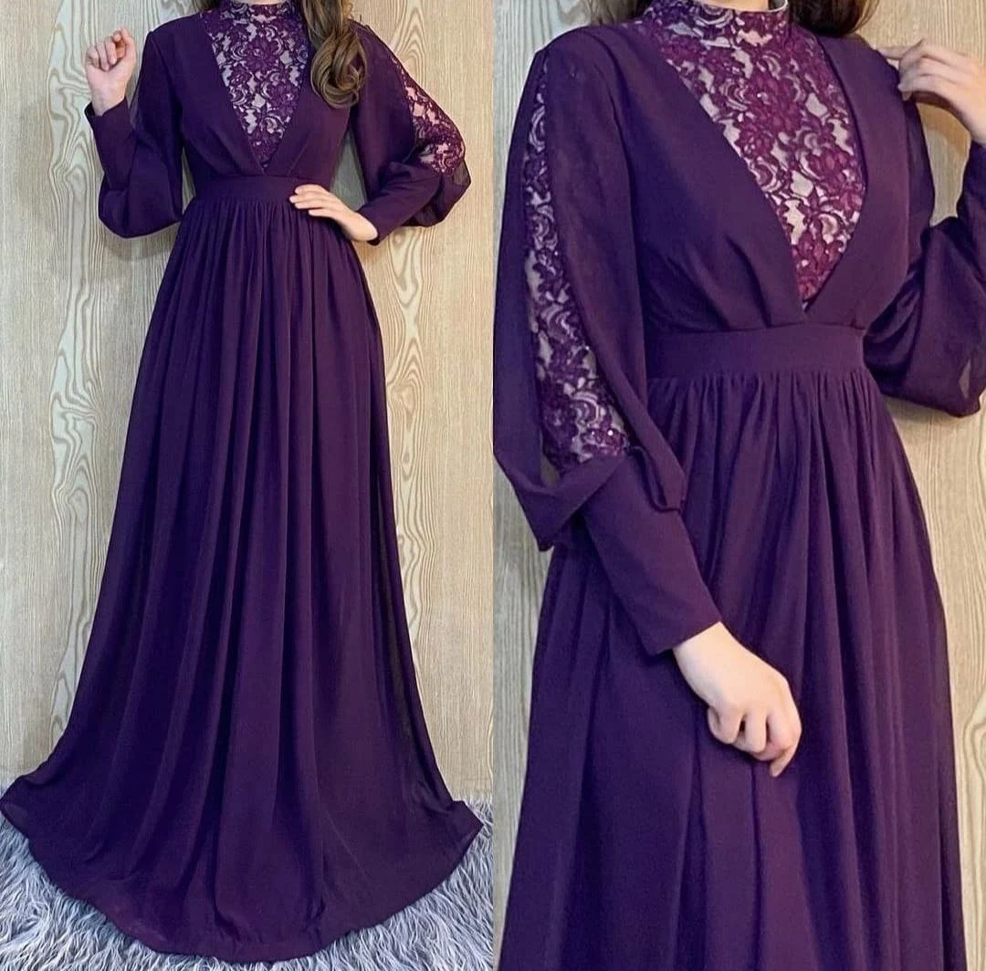 

Elegant Arabic Long Lace High Neck vening Dresses with Sleeve A-Line Purple Zipper Back Abendkleider Robes De Soirée for Women