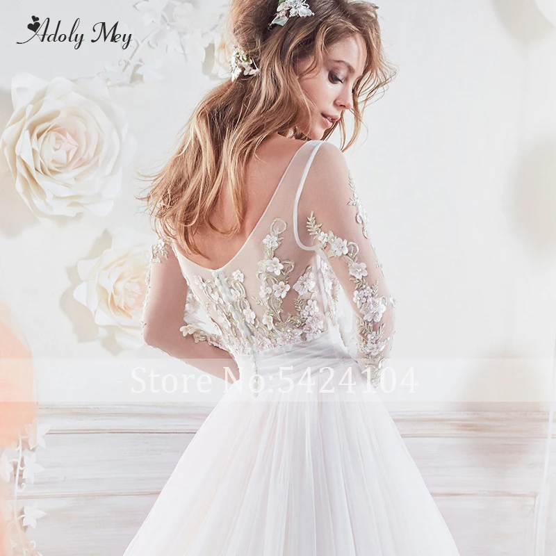 Adoly Mey New Elegant Scoop Neck Appliques Long Sleeve A-Line Wedding Dresses Luxury Beaded Flowers Sweep Train Bridal Gown