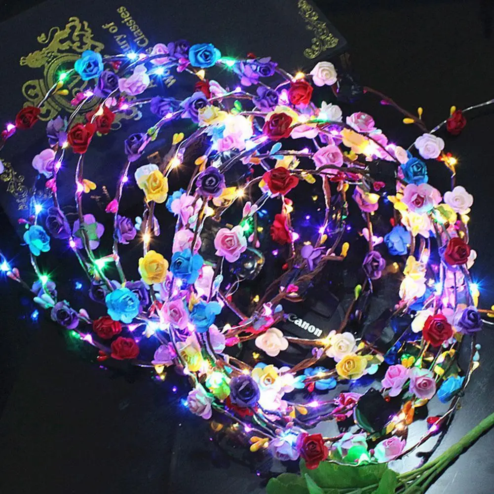 Women Girls LED Light Up Flower Wreath Garland Crown Flower Headband Glowing Wreath For Wedding Party Christmas Garlands