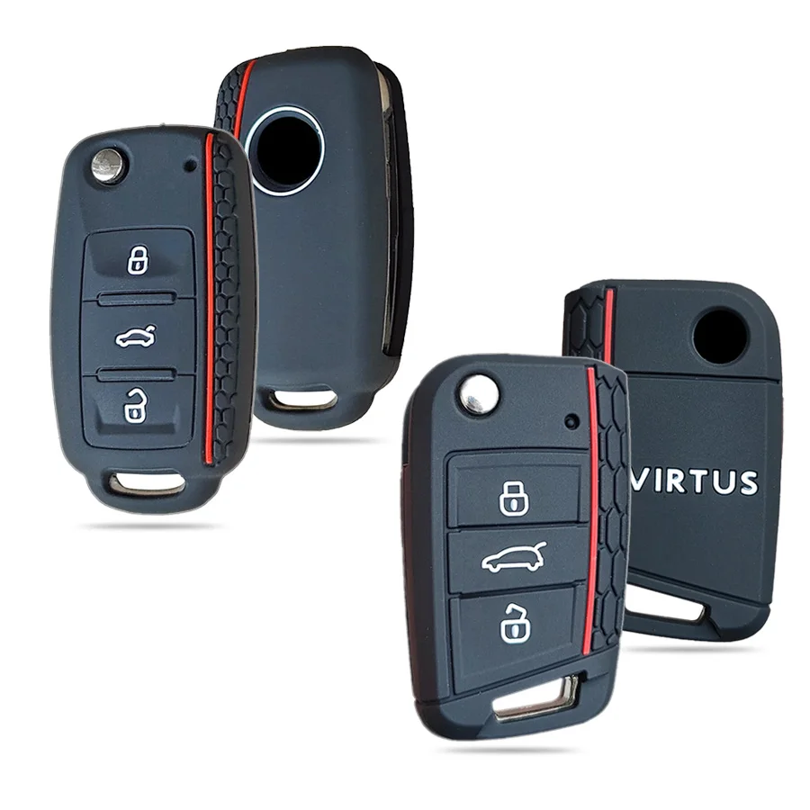 Car Key Shell Flip Key Fob Shell Rubber Car Products Key Fob Protect Skin Cover Case Shell VW Volkswagen Virtus Flip Remote keychain Holder Accessories