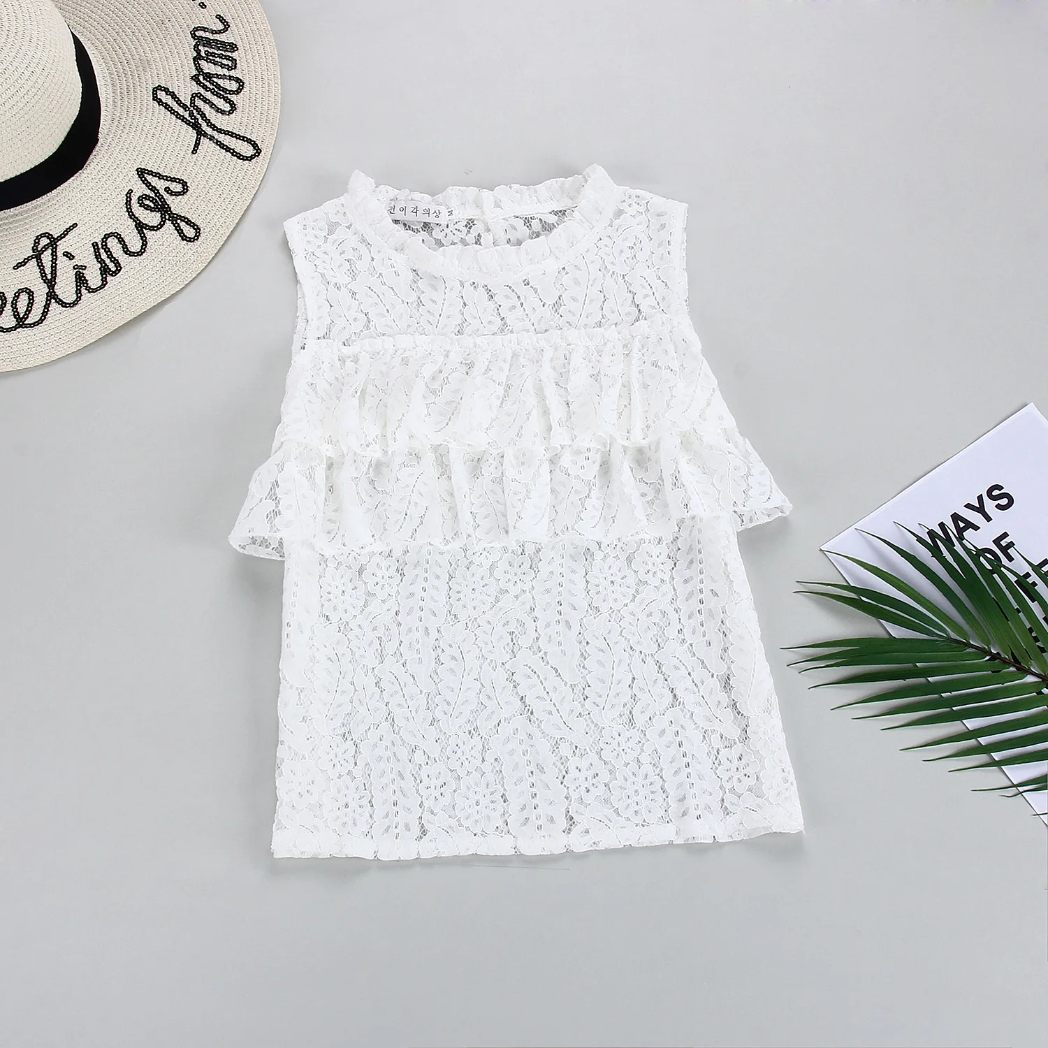 

New Summer Women Lace Tank Top See-through O Neck Simple White Tops Ruffles Sweet Ladies Clothes Plain Color 2019 Haut Femme