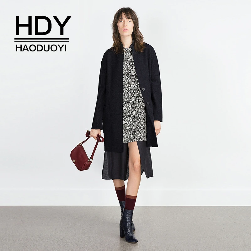 

HDY Haoduoyi 2019 New Arrival Fashion Suit Lapel Coat Sweet College Style Solid Color Straight Type Windbreaker Woolen Coat
