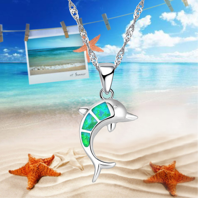 Silver Color Blue Fake Fire Opal Dolphin Necklace Pendant Jewelry, Suitable For Party Accessories Ladies Necklace Jewelry