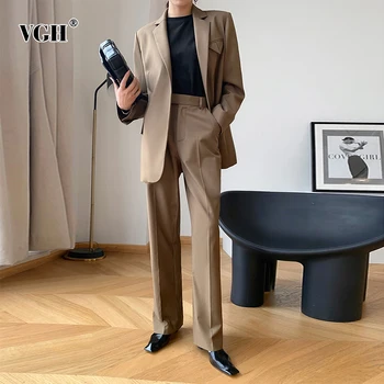 

VGH Vintage Two Piece Set For Women Lapel Long Sleeve Blazer High Waist Wide Leg Straight Pants Casual Sets Female Fashion New