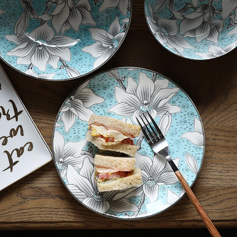 

Ceramic Underglaze Color Twill Non-slip Magnolia Flowers Pattern Dinner Plate Set/Steak Plate/Western Food Plate