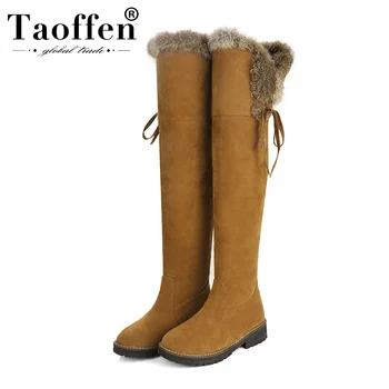 

TAOFFEN Women Warm Winter Over The Knee Boots Plush Fur Keep Warm Daily Flats Boots Cross Strap Fashion Suede Leather Size 34-43