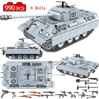 

990PCS Military Panther Tank 121 Building Blocks Technic WW2 Tank Army Soldier Figures Weapon Bricks Toys for Boys Kids