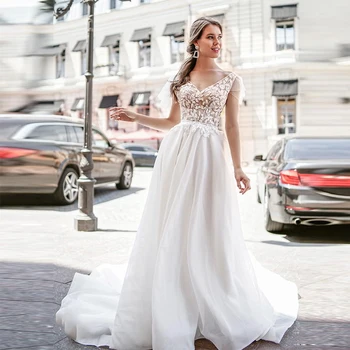 

Verngo A-line Wedding Dress Lace Appliques Wedding Gowns Elegant Flowers Bride Dress V-neck Backless Vestidos De Novia 2020