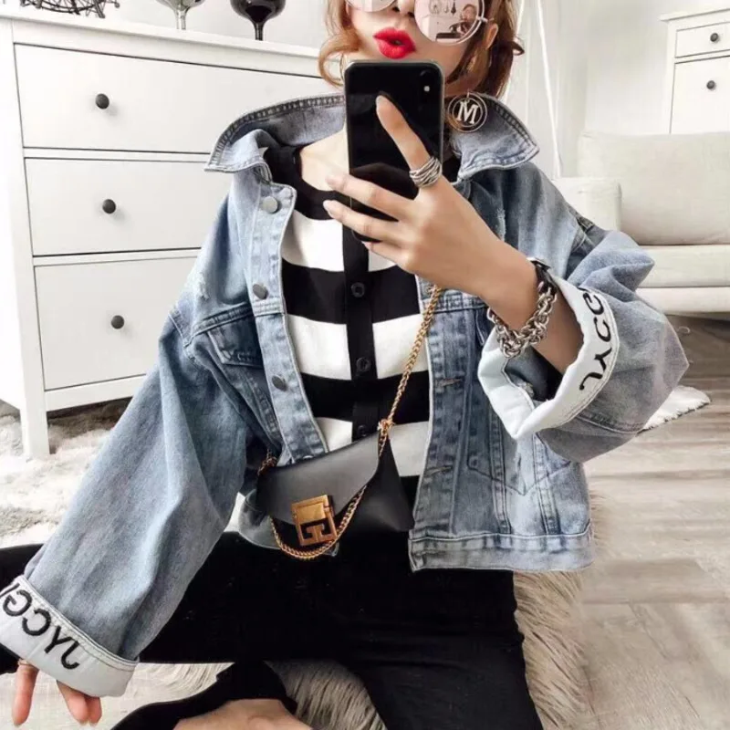 2020 Vintage Letter Embroidery Jean Jacket Women Fashion Korean Spring Summer Short Denim Coat Cow Boy Jeans Bomber Women Jacket