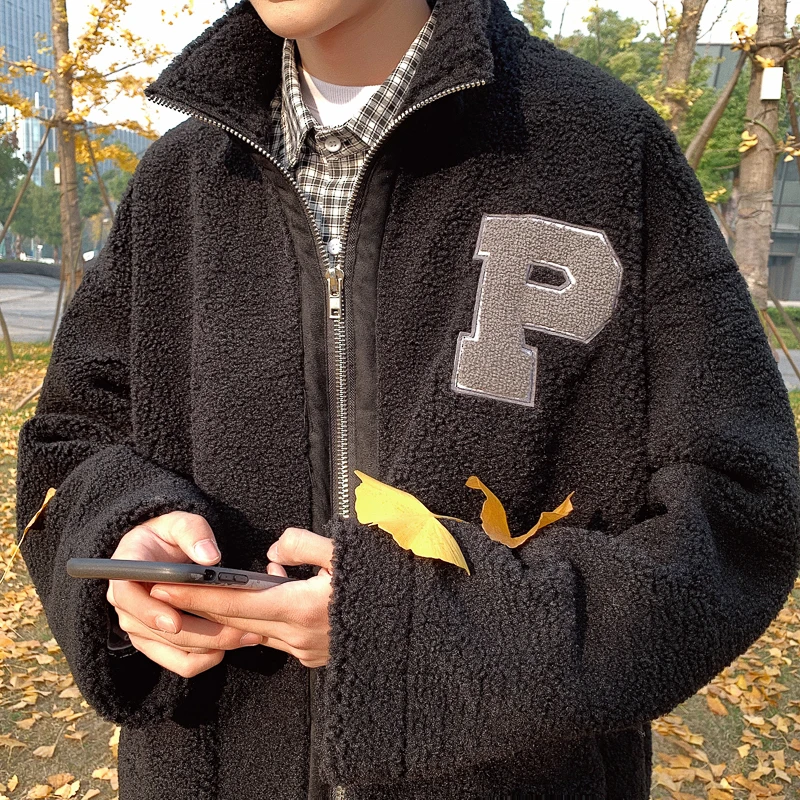 

Korea 2020 winter jacket men new solid color loose long-sleeved thick fluff large pocket woolen coat Liner Japan Style Gray