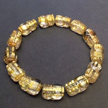 

15x10mm Natural Brazil Gold Rutilated Titanium Quartz Crystal Woman Man Pi Xiu Beads Carved Bangle Wealthy Bracelet