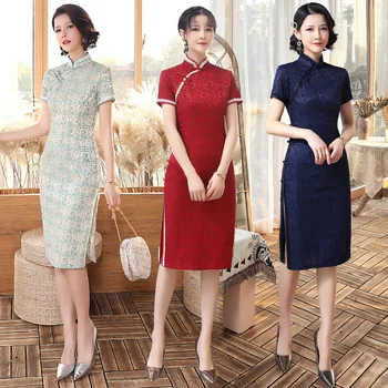 

M-4XL Fashion Chiffon Qipao Women short Cheongsam Vintage Chinese style Knee Length Dress Slim Party Dresses Button Vestido