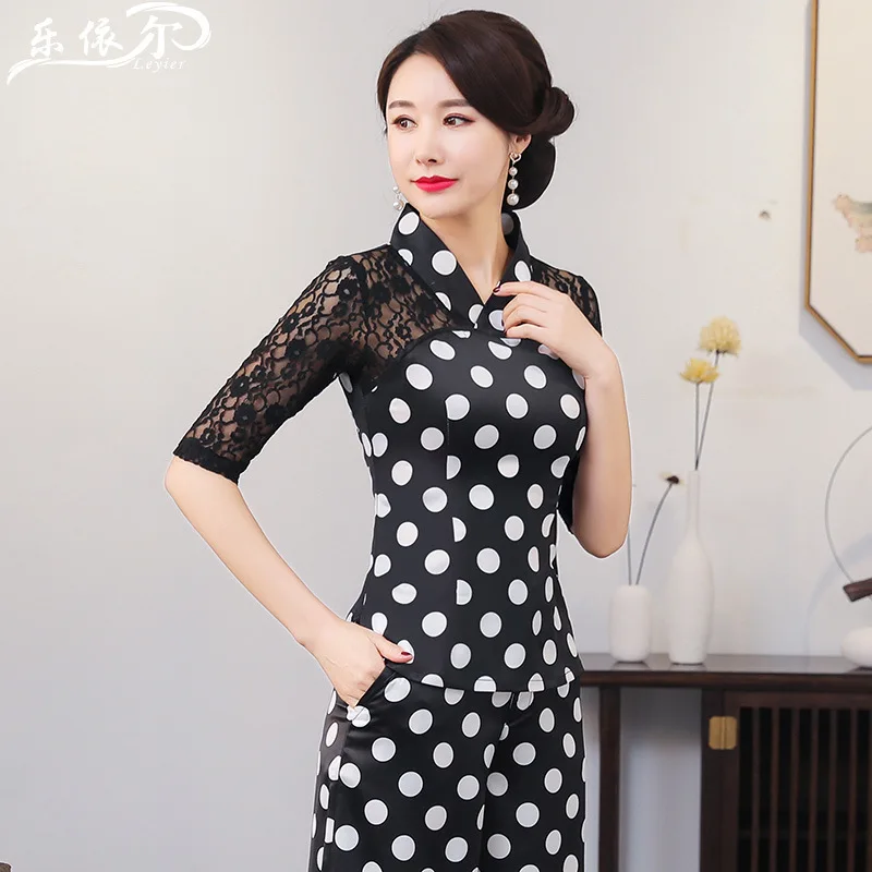 

Polka Dot Improved Cheongsam Tops Short Small V-neck Lace Joint Chinese Costume Pants Set Retro Middle-aged Women Dress Large Si