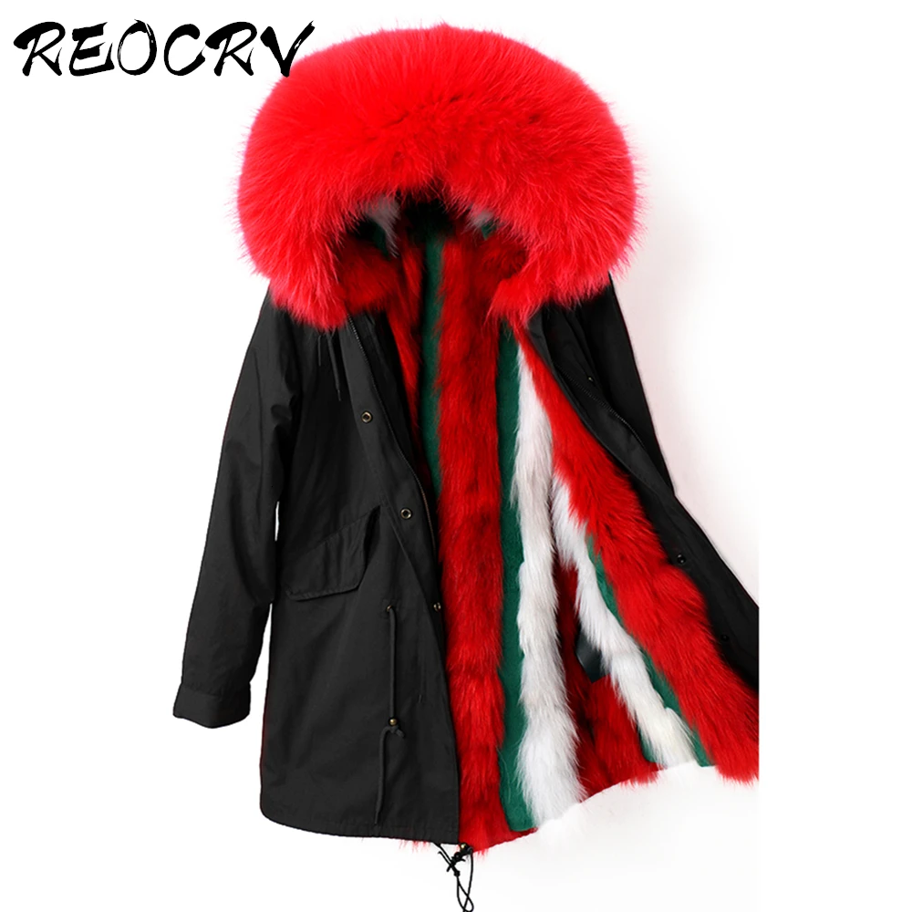 

REOCRV Black Parkas Women Winter Coat Women Natural Raccoon Fur Parka With Fur Hooded Fashion Long Parkas Real Fur Parka Outwear