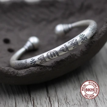 

S925 sterling silver open bracelet Personalized classic style Six words mantra Buddhist Scripture jewelry modeling Expensive