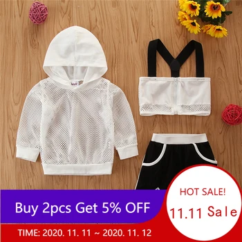 

2-6Years Kids Baby Girl Outfits Autumn Spring Tracksuits 3Pcs Active Baby Girl Sling Tank Crop Tops+Mesh Hoodies+Mini Skirt Sets