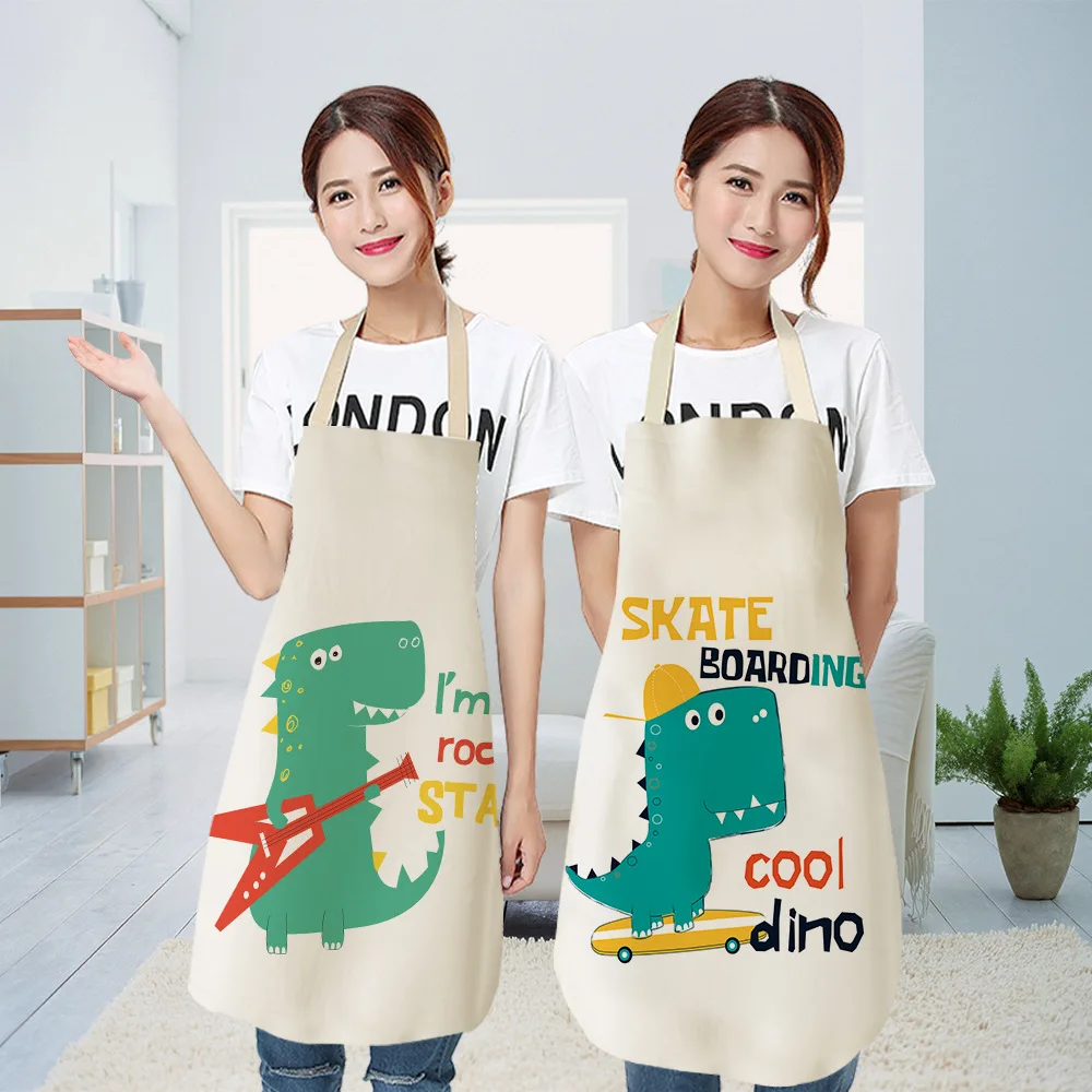 Parent-child Kitchen Apron Cartoon Dinosaur Printed Cotton Linen Baking Cooking Aprons for Women Home Cleaning Apron Delantales