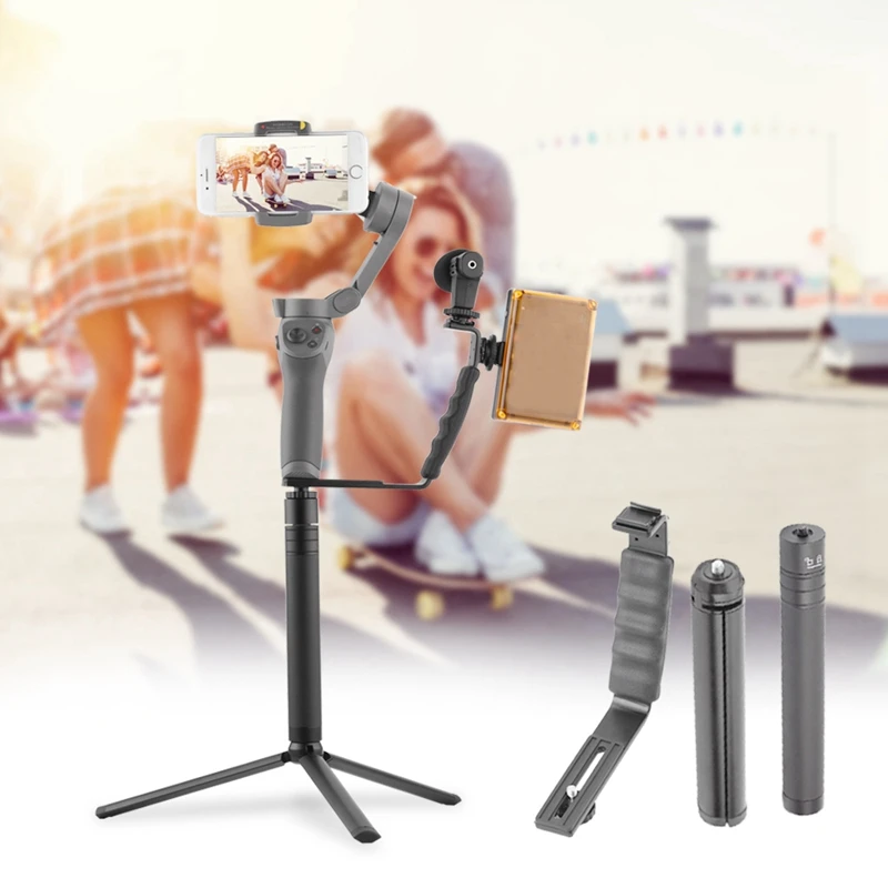 

Microphone Stand L Bracket Camera Grip with 2 Hot Shoe Mounts+Tripod+Extended Self-Timer Bar for Zhiyun Smooth Q/3/Dji Osmo/Rode