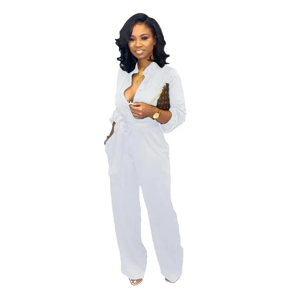 white jumpsuit Adogirl Осень сексуальный женский комбинезон Однотонная рубашка с длинными рукавами и v-образным вырезом широкие брюки Повседневный Комбинезон Офисная Женская рабочая одежда - Цвет: white jumpsuit