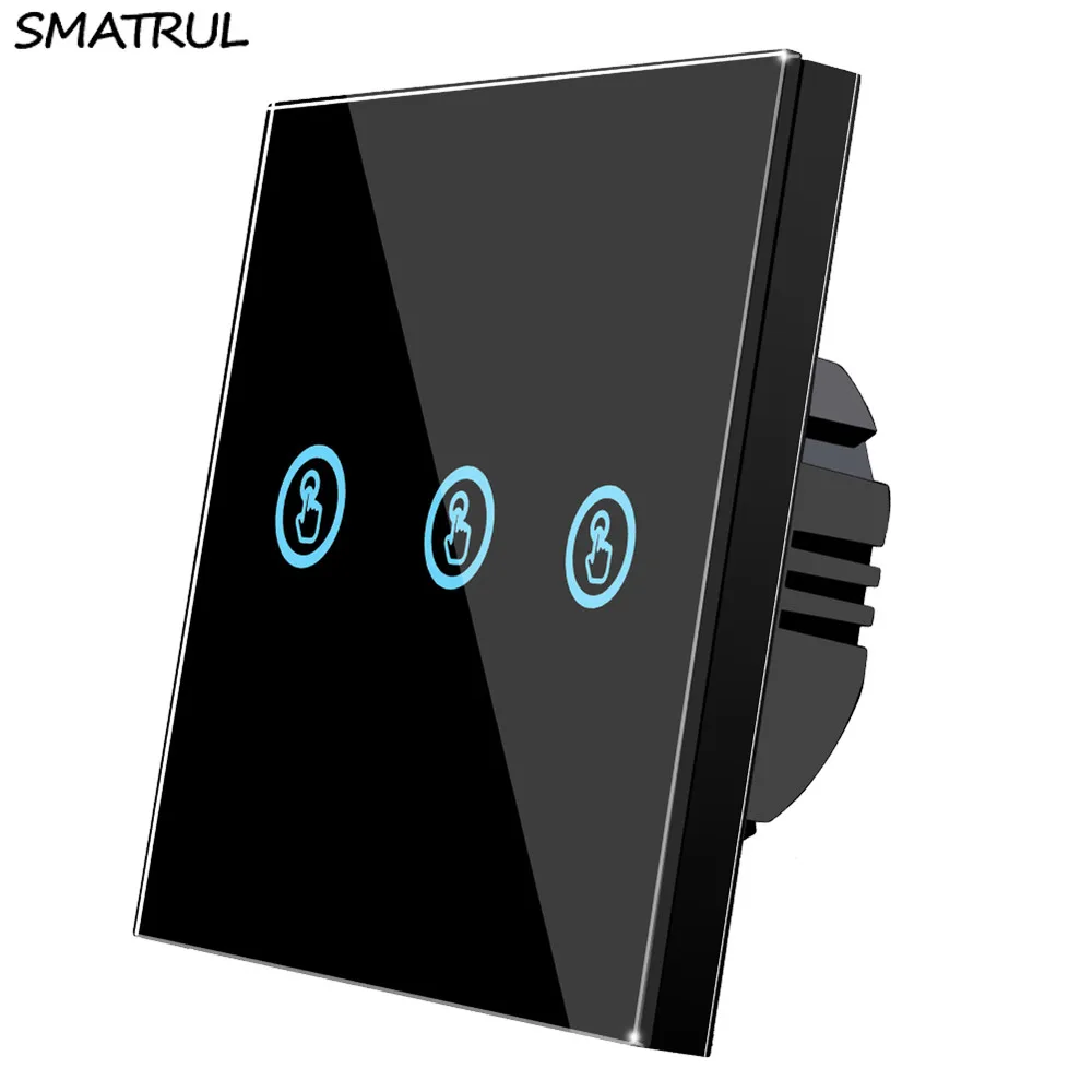 3 gang Switch BLACK SMATRUL настенный светильник с сенсорным выключателем, светодиодная лампа, панель с кристальным стеклом для экрана 1, 2, 3 комплекта, переменный ток, 110 В, 220 В, 240 в, стандарт ЕС, Великобритании, США, датчик вкл - Цвет: 3 gang Switch BLACK
