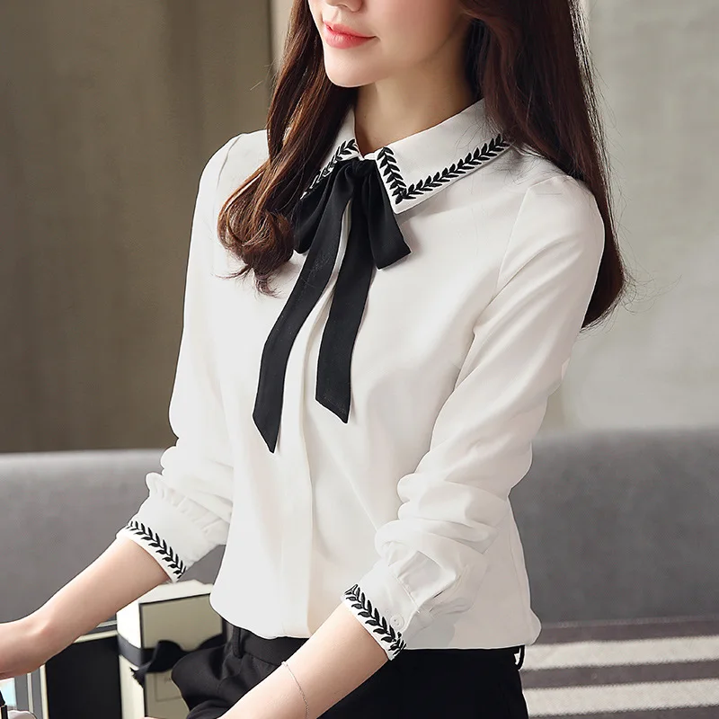  2019 Autumn New Style South Korea-Style Embroidery Shirt Women's Long-Sleeve Slim Fit Versatile Bow