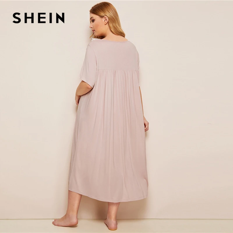 SHEIN плюс размер розовые контрастные кружевные ночные платья с коротким рукавом женские летние повседневные квадратные шеи большие размеры пижамы платье