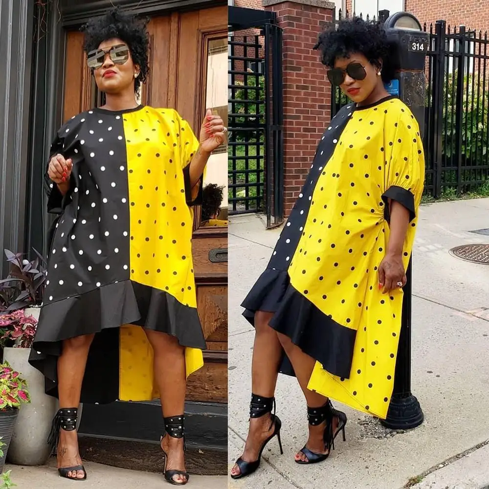 2019 осеннее лоскутное платье в горошек женское свободное средней длины с круглым