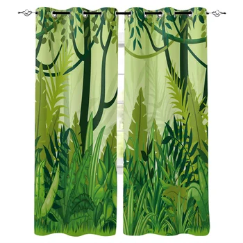 

Cartoon Woods Plant Green Window Curtains LivingRoom Kitchen Curtains for Bedroom Left and Right Biparting Open Curtains