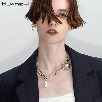 

HUANZHI 2020 New Punk Trendy Silver Colour Choker Imitation Pearl Pendant Thick Hollow Chain Necklace for Women Party Jewelry