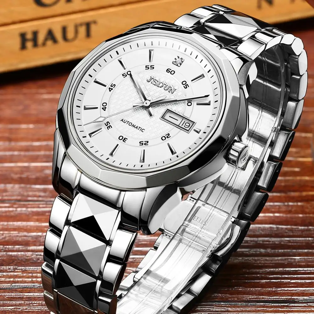 

men's automatic mechanical wristwatch luxury fashion casual trending brand tungsten steel watchband with double calendar clock