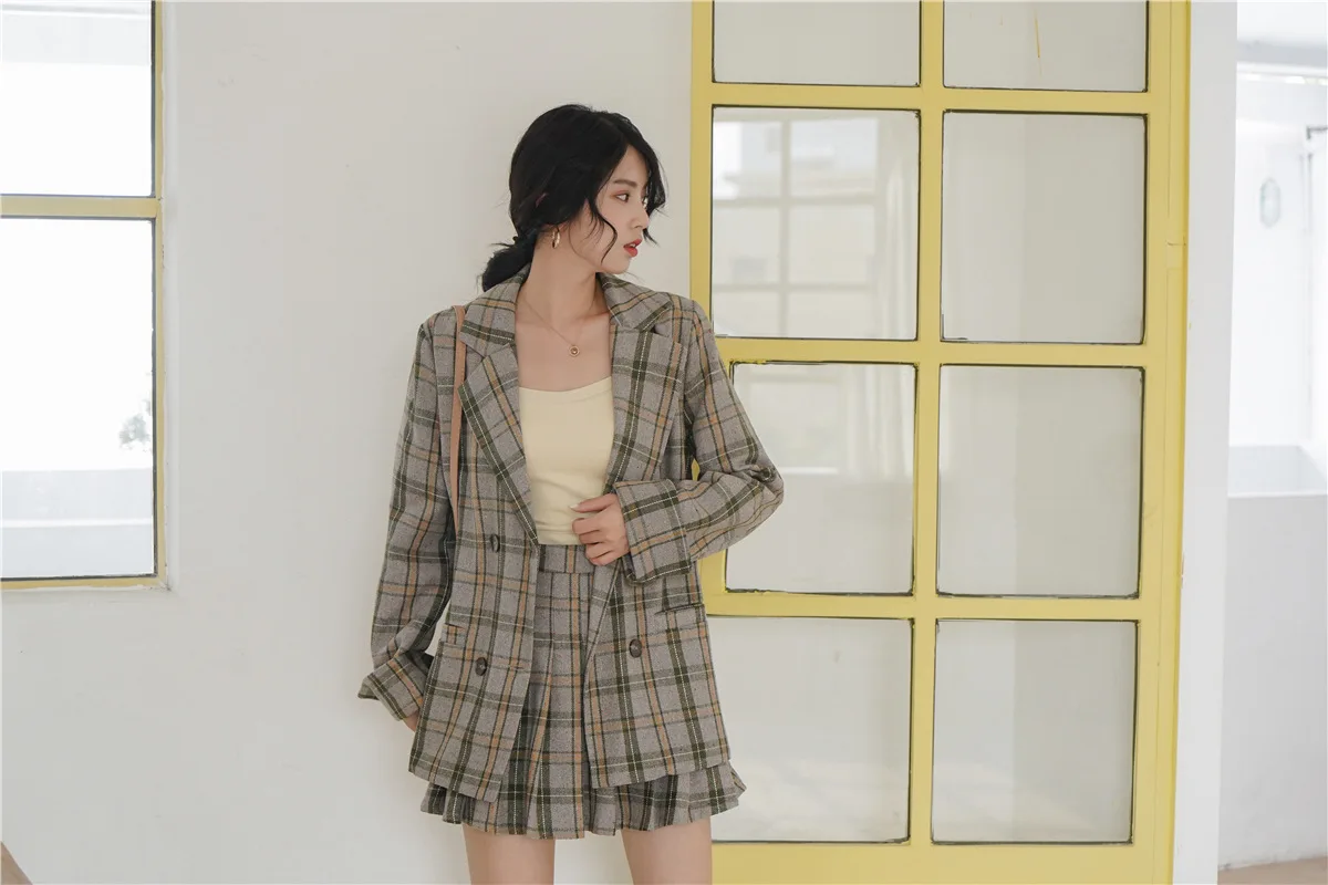 Autumn Korean-style Simple Hong Kong Style Elegant Non-mainstream Retro Plaid Suit Jacket+ Pleated Skirt Short Skirt Two-P