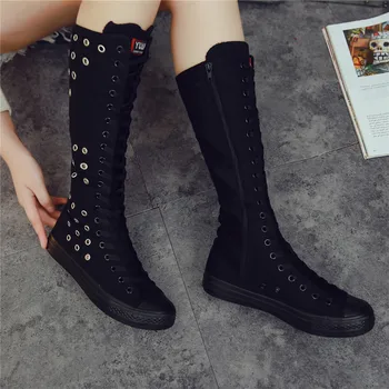

2019 New Spring autumn Women Shoes Canvas Casual High Top Shoes Long Boots Lace-Up Zipper Comfortable Flat boots sneakers