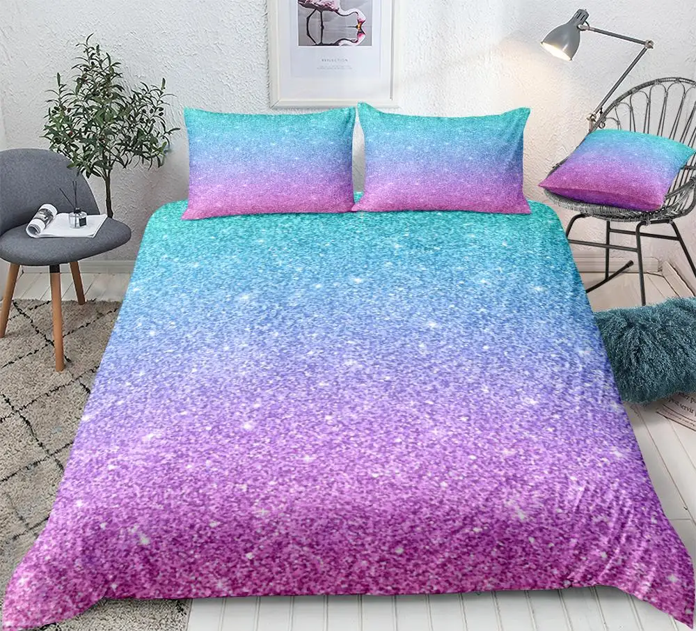 

3PCS Colorful Glitter Bedding Set Pastel Colors Shining Quilt Cover Queen Home Art Decor King Blue Pink Duvet Cover Dropship