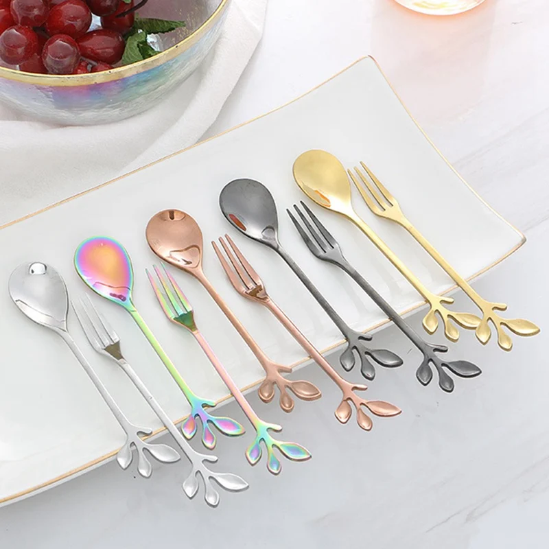 

1 Set Stainless Steel Coffee Stirring Spoon Creative Branch Leaves Dessert Spoon Kitchen Dining Tableware