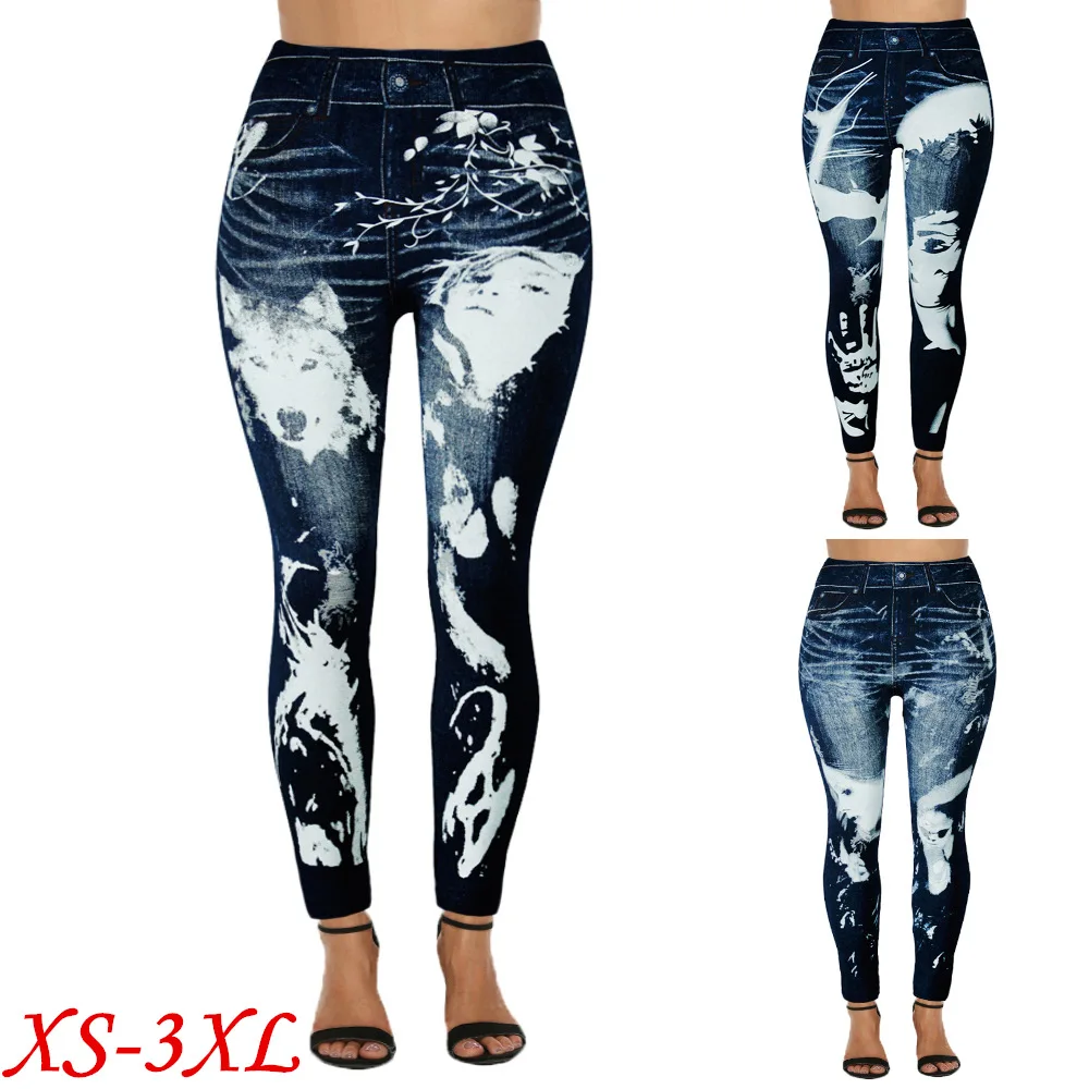 

Monster Forest Boy Girl Imitation Jeans Leggings Women Lone Wolf Print Imitation Denim Leggings Slim Plus Size Streetwear Pants
