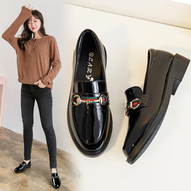 

British-Style Small Leather Shoes Women's Spring 2019 New Style Korean-style Versatile Chunky-Heel Black And White with Pattern